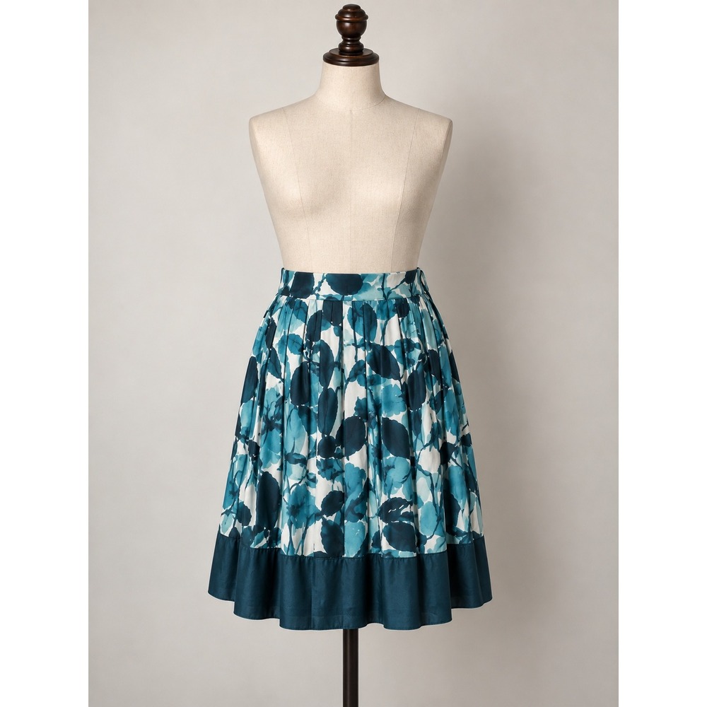 Robin Howe Teal Floral 100% Silk Pleated Midi Skirt Size 4 quiet luxury